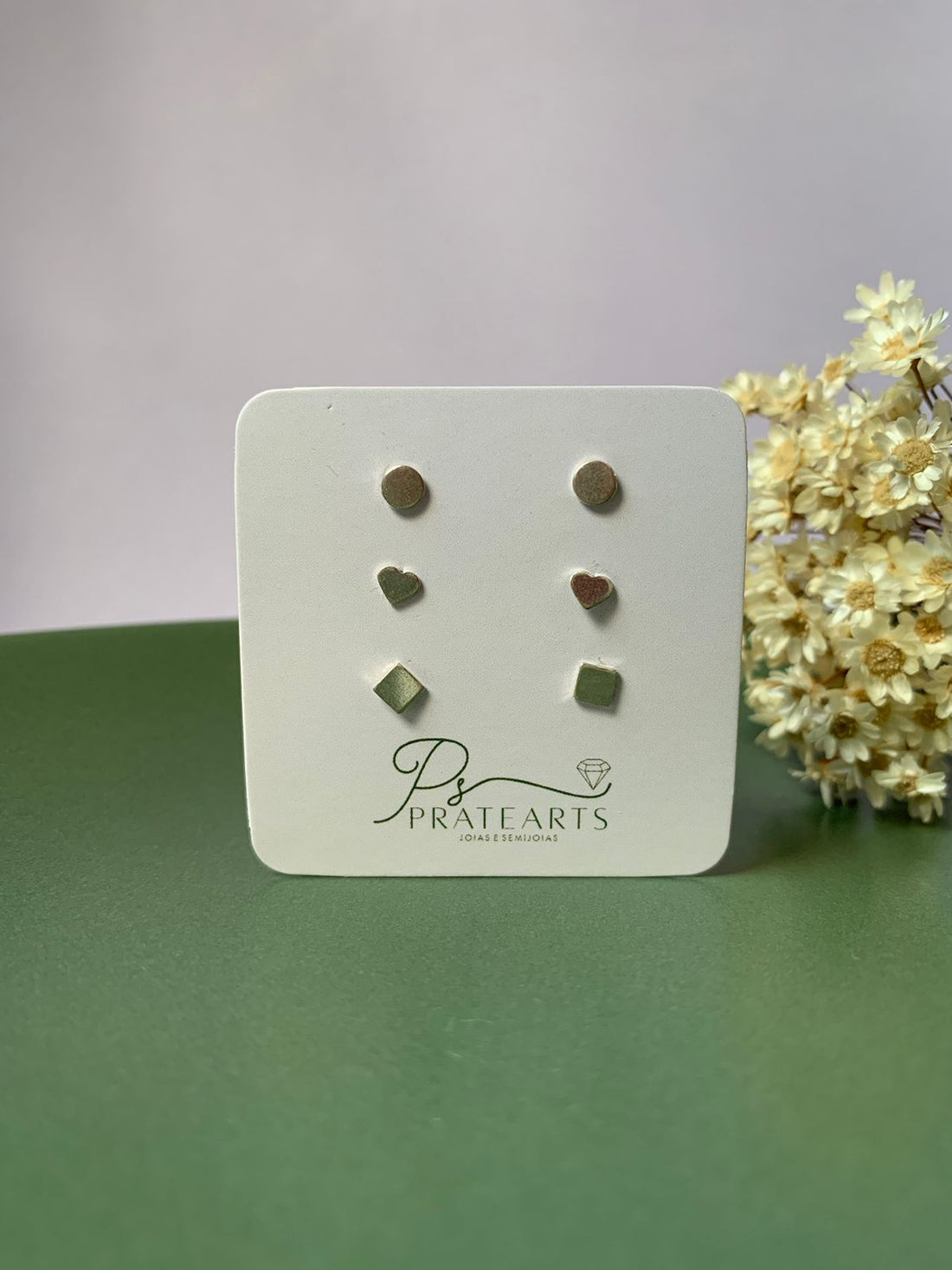 Trio de Brinco Coração Circulo e Quadrado