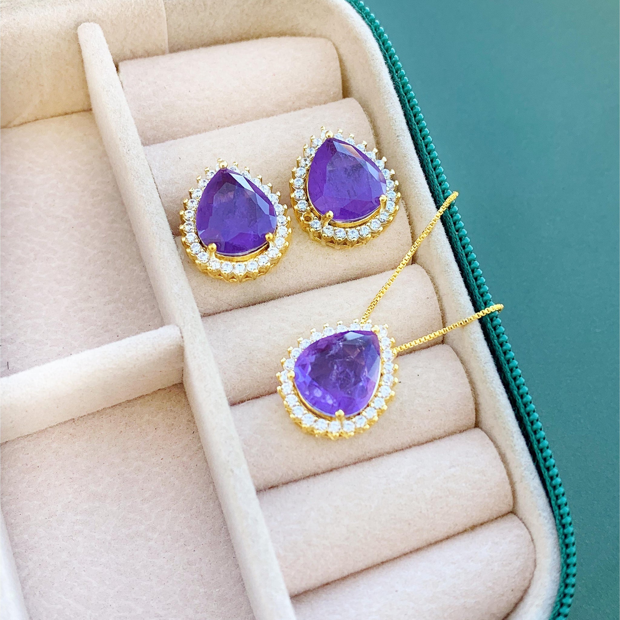 Conjunto de Gota Fusion com Cristal Lilas Ametista